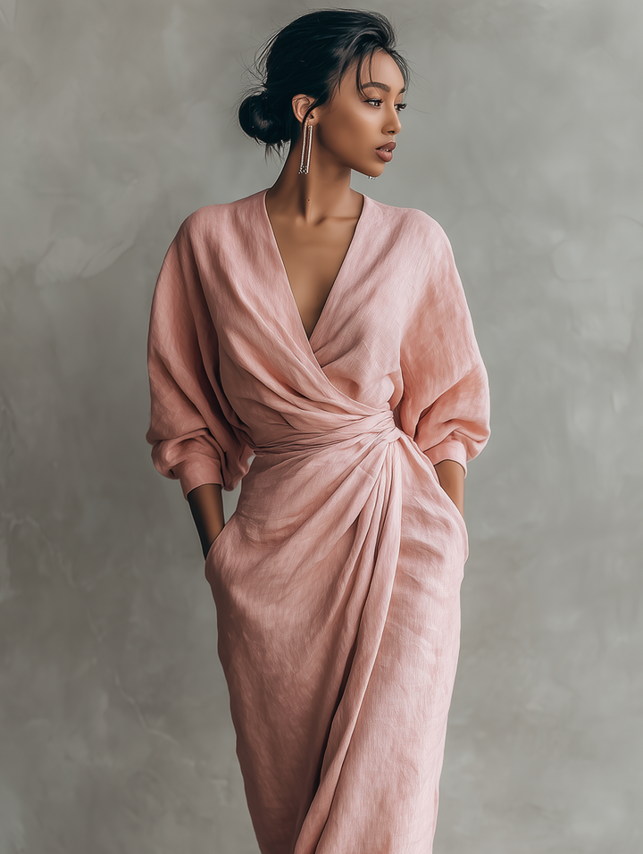 Teresina™ | Robe Maxi Rose Col V en Lin