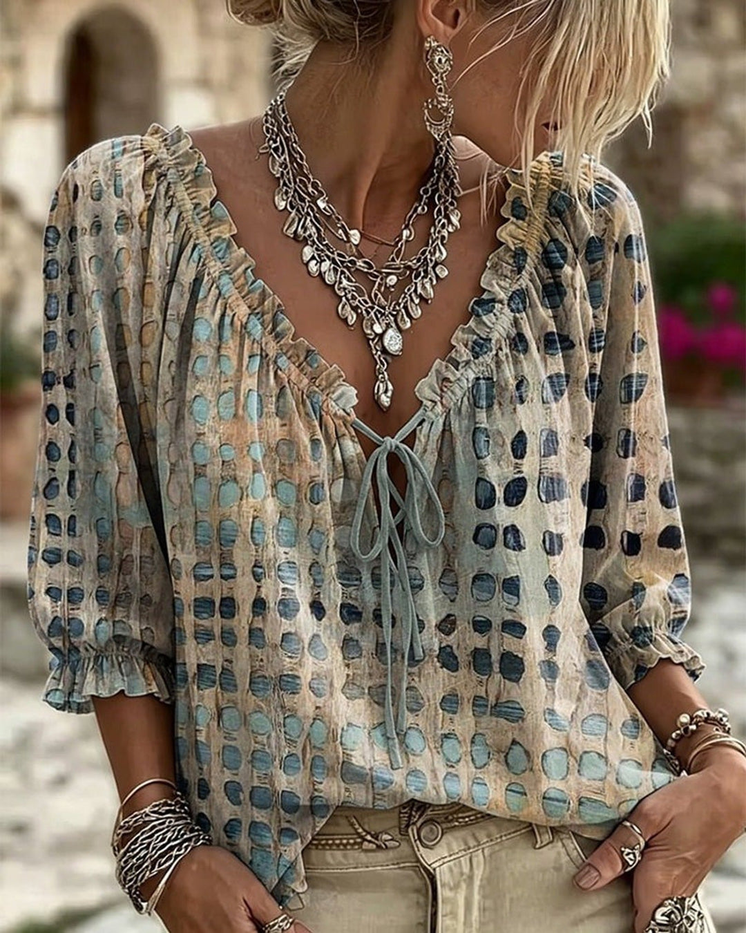 Mila | Blouse à Imprimé Bohème avec Col Liaison