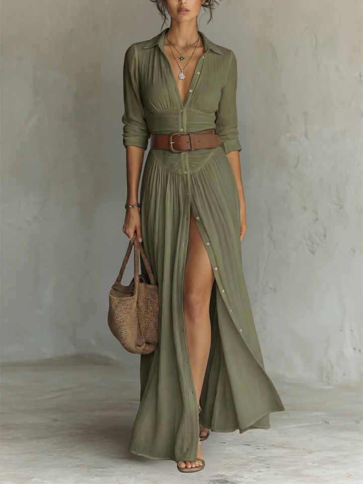 Cassia™ | Maxi-Robe en Lin à Col Revers