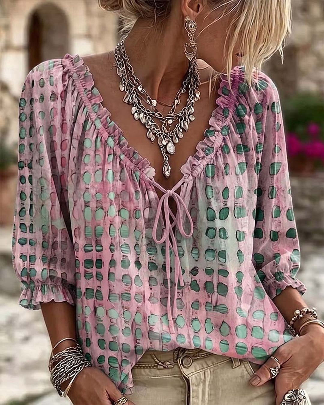 Mila | Blouse à Imprimé Bohème avec Col Liaison